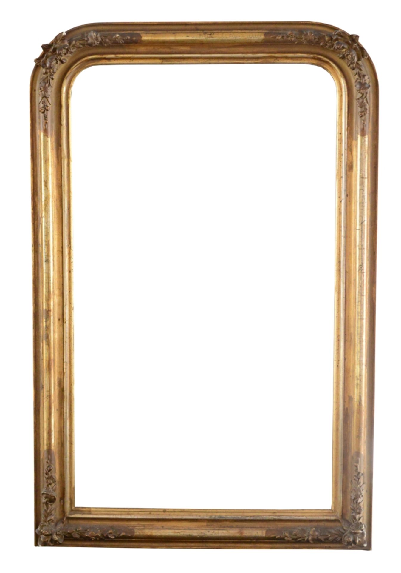 Goldspiegel um 1860, Louis Philippe, Rahmen vergoldet mit kleinen Stuckröschen, altes Spiegelglas,
