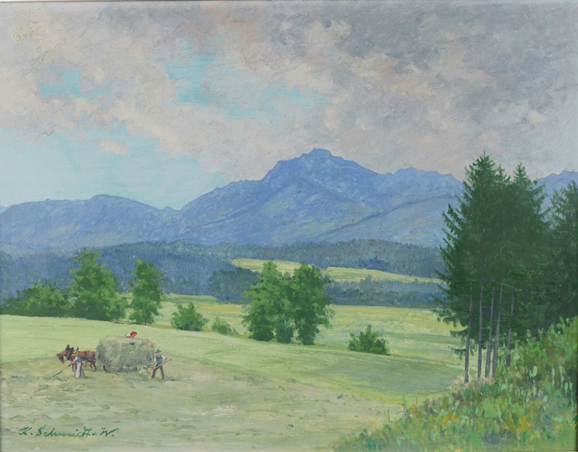 Schmidt-Wolfratshausen, Karl (1891 - 1971) "Landschaftsausblick" mit Bergen im Hintergrund, im