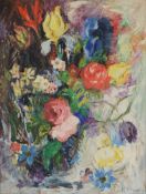 Schneider, R. (20. Jahrhundert) "Blumenbouquet", mit Rosen, Tulpen und weiteren Blumen, pastöser