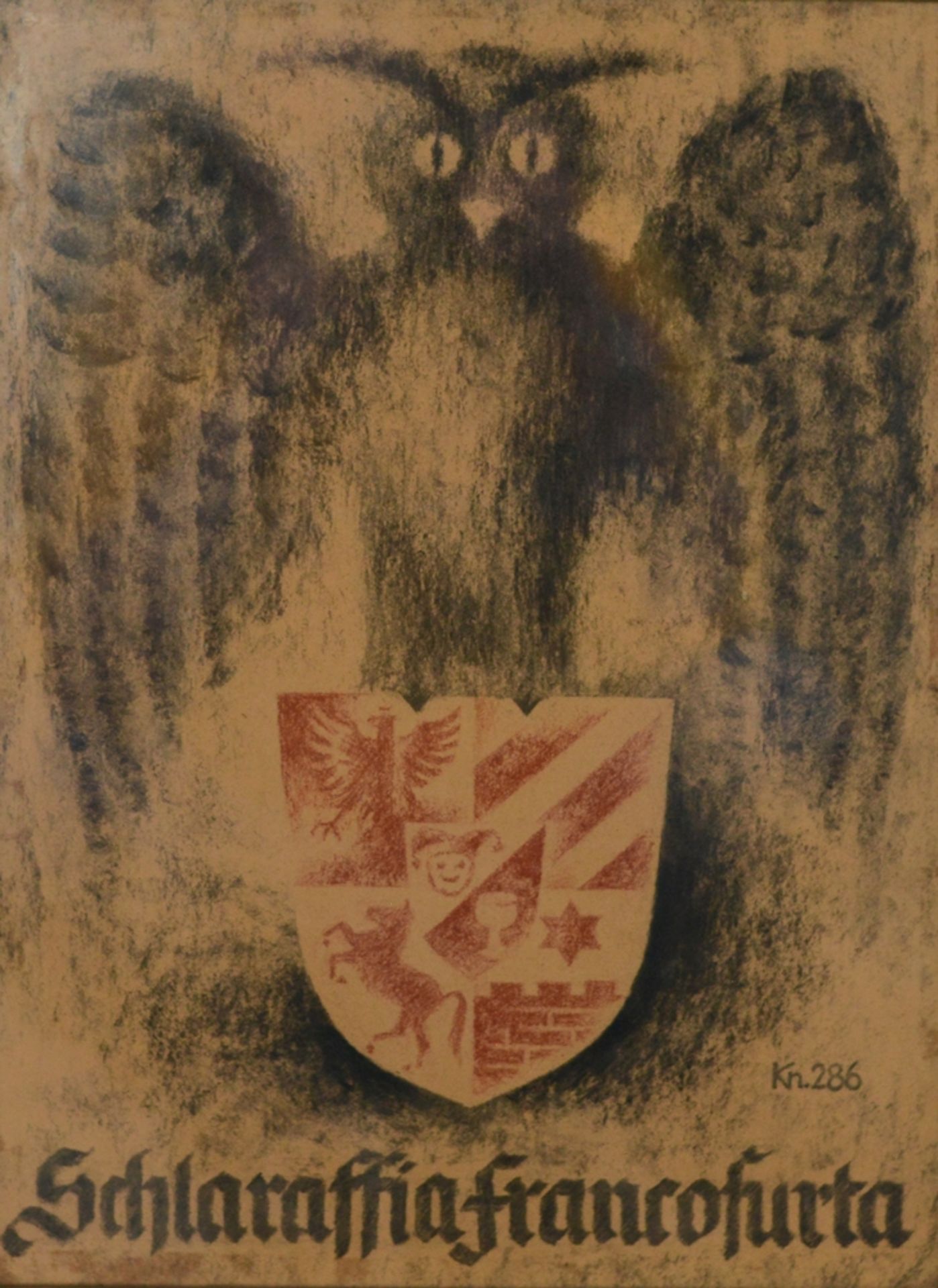 Schlaraffia Francofurta, Eule mit Wappen, Kn.286, Pastellkreide, hinter Glas gerahmt, 41x31cm (mit