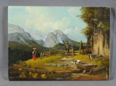 Hesner, Michael (20. Jahrhundert) "Alpine Szene Sommer" mit Hund und Personenstaffage, links unten