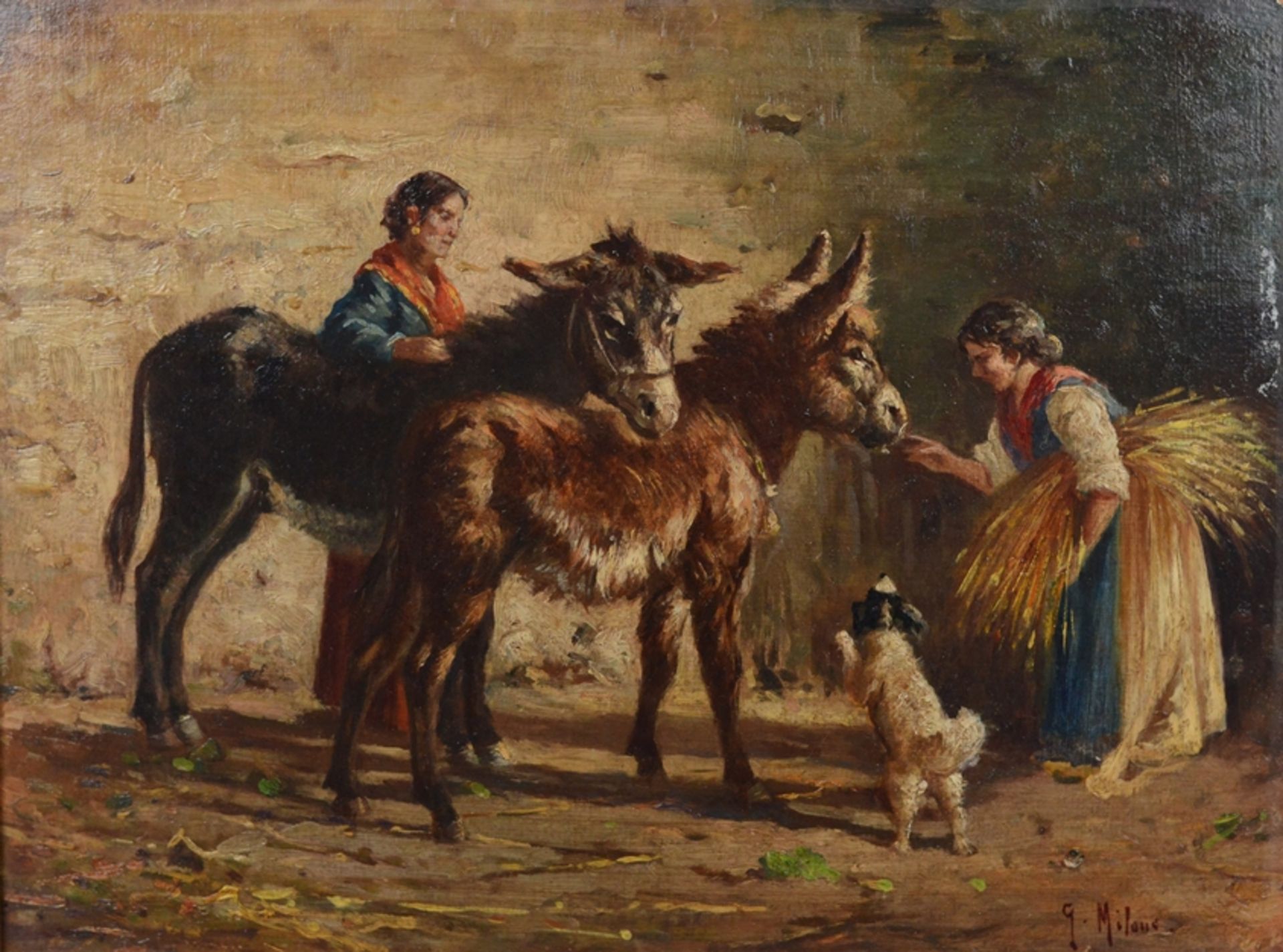 Milone, G. (19./20.Jahrhundert) "Eselchen" mit zwei Frauen und einem Hund, Öl auf Platte, rechts un