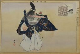 Japanischer Farbholzschnitt, "Samurai mit Fächer und Schwert", 19. Jahrhundert, Passepartout, 32x42