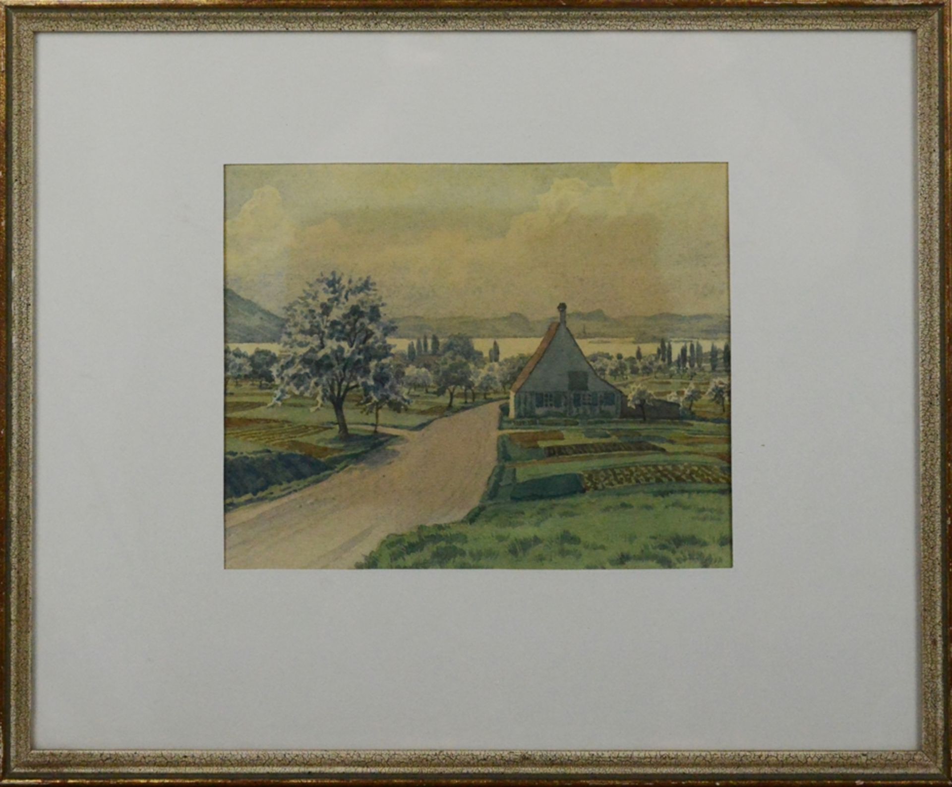 Maler des 20. Jahrhunderts, "Seeblick", im Vordergrund Haus, Weg und Äcker, im Hintergrund Blick au - Bild 2 aus 2