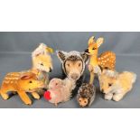 Steiff-Konvolut, 6 verschiedene Tiere, bestehend aus Reh, Wildschwein, zwei Füchsen, Igel, Hörnchen