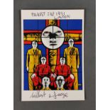 Gilbert & George, Kunst-Postkarte mit eigenhändigen Unterschriften, zeigt ein Kunstwerk von Gilbert