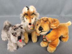 Steiff-Konvolut, bestehend aus drei Hunden: Bazi, Tessi und Collie, alle mit Namensschild und Knopf