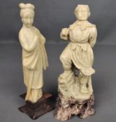 Zwei Asiatische Figuren, "Krieger" und "Frau", Speckstein, China, 20. Jahrhundert, Höhe Krieger 14,