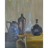 Heuvel van, Jorien (20. Jahrhundert) " Stillleben", mit Flaschen und Krug, Öl auf Platte, rechts un