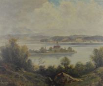 Soller, Georg J. (1.Hälfte 20.Jahrhundert) "Seeblick", mit Halbinsel, im Hintergrund Berge, Öl auf 