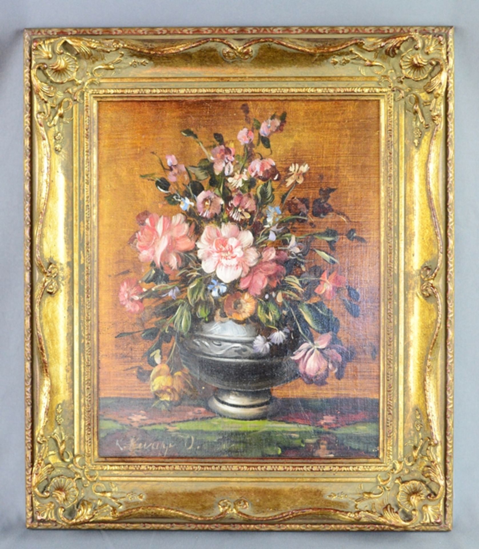 Knapp, Kasimir (20. Jahrhundert) "Blumenstillleben", in bauchiger Vase, Hintergrund vergoldet, Öl a - Bild 2 aus 4