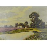 Herrmann, L. (20. Jahrhundert) "Ansicht Lüneburger Heide", mit Haus und einem kleinen Teich, Öl auf