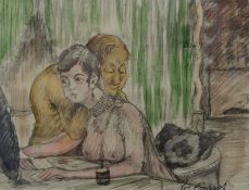 Einhart, Karl (1884 -1967 Konstanz) "Frau und der Alte", aquarellierte Zeichnung, 15,4x20cm (Abbild