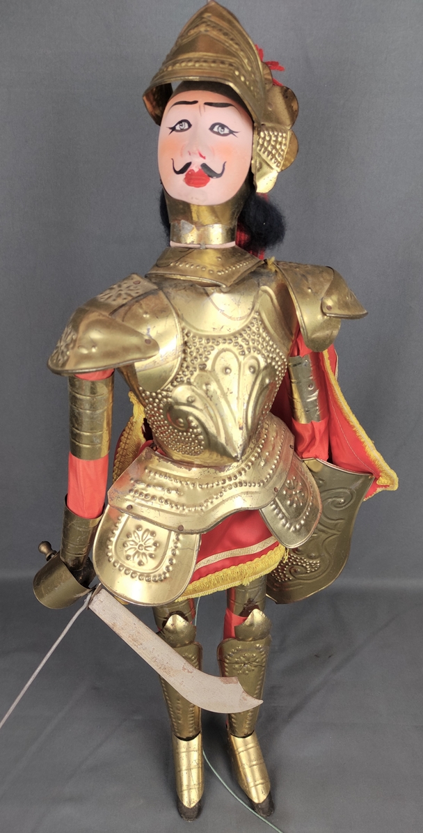 Sicilian marionette/theater puppet, "Aldiger/Knight", elaborate stick puppet with brass armor, wood