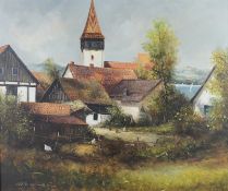 Messmer, Gerhard (1931 Arnsberg) "Dingelsdorf", mit Kirchturm von St. Nikolaus, rechts im Hintergru