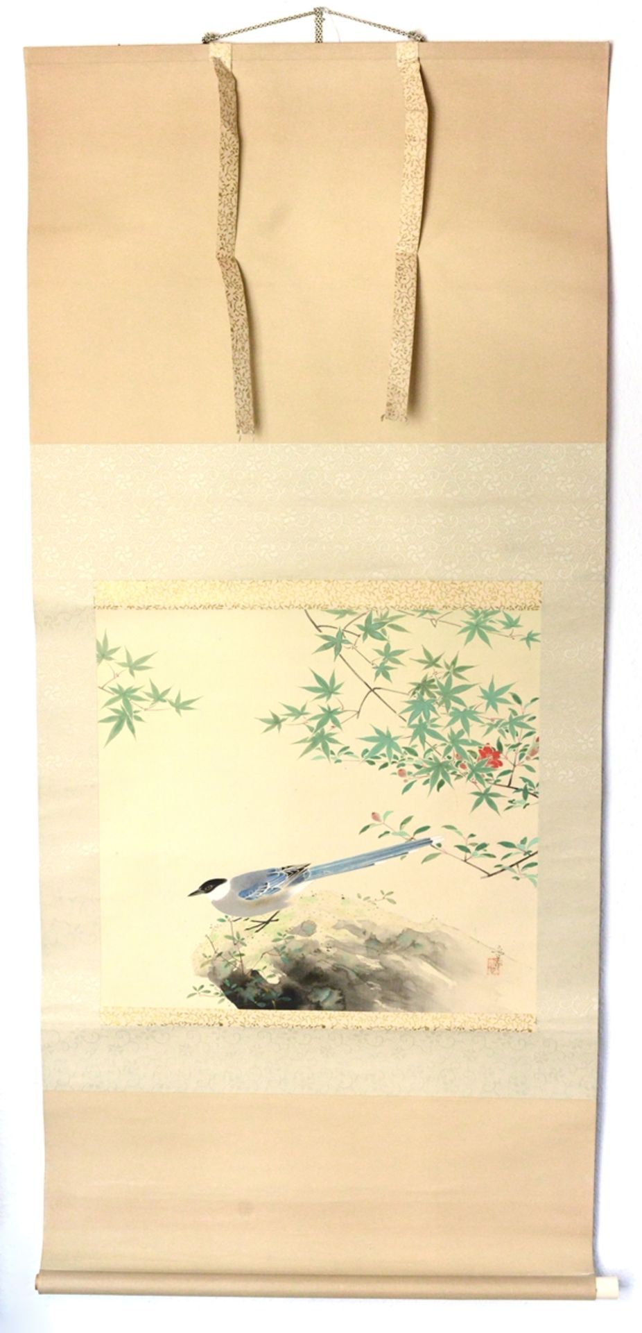 Hanging scroll, with blue star, above green star-shaped leaves with red flowers, ink on silk, fine 