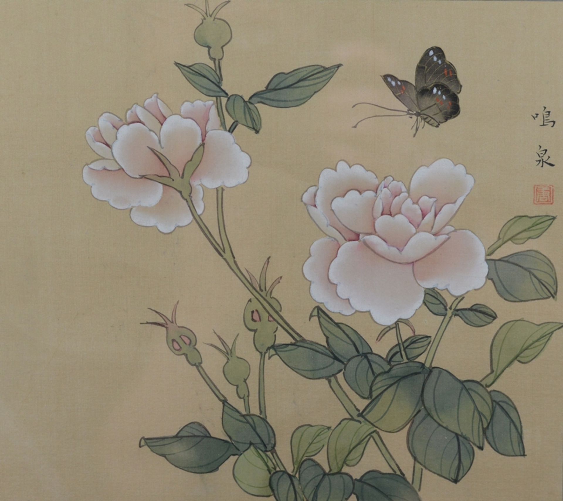 Silk painting with butterfly and flowers, Japan, 20th century, 25,5x30cm framed behind glass