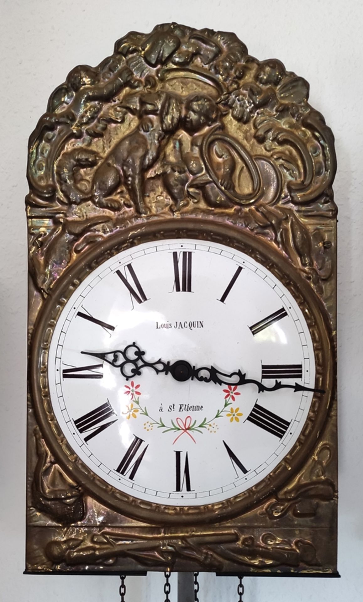 Comtoise Uhr/Pendeluhr/Burgunder Uhr, Emailziffernblatt mit römischen Ziffern, prunkvolles Messings - Bild 2 aus 2
