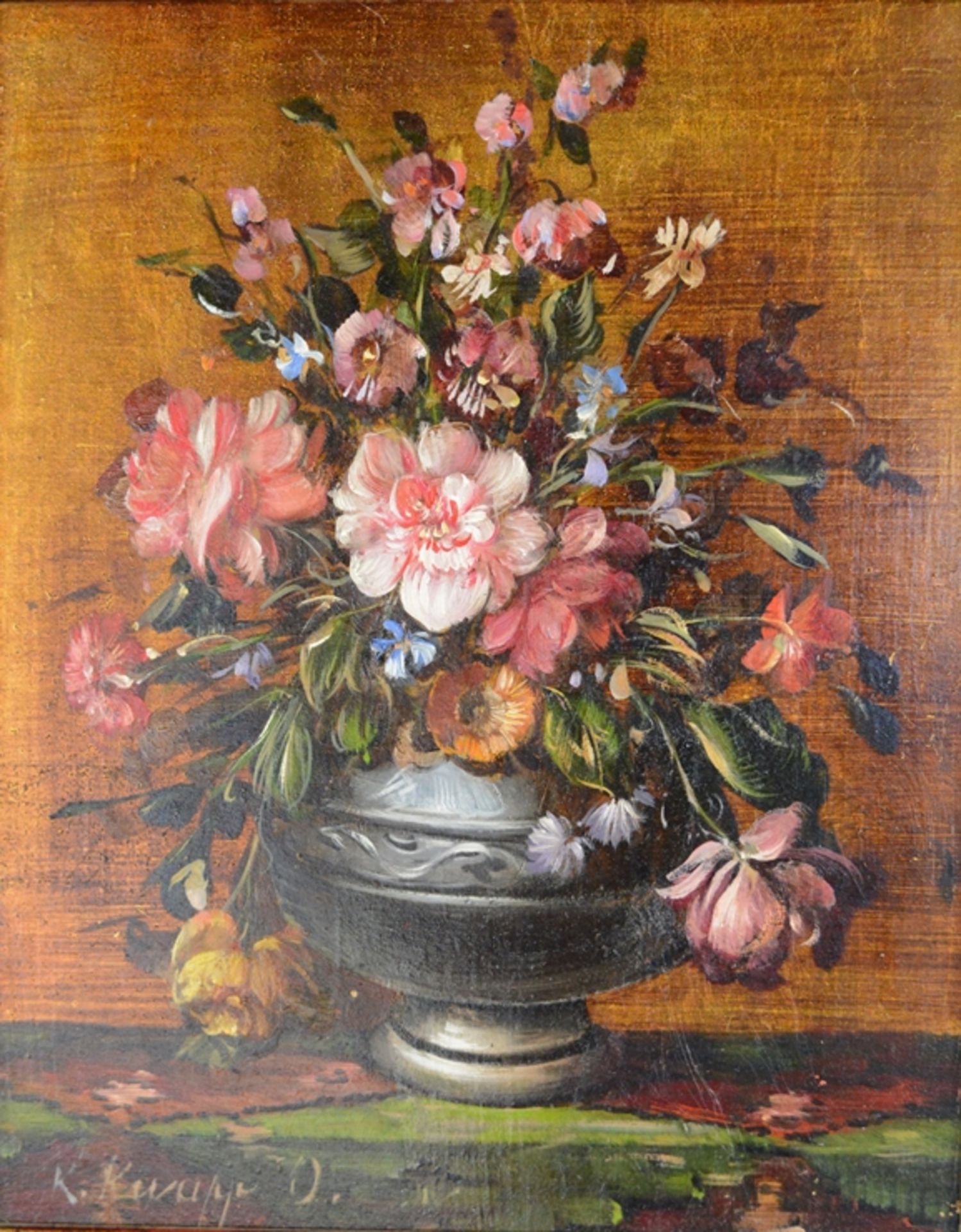 Knapp, Kasimir (20. Jahrhundert) "Blumenstillleben", in bauchiger Vase, Hintergrund vergoldet, Öl a