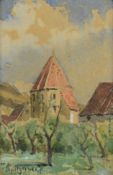 Splitgerber, Fritz (1876 - 1914 München) "Landschaft" mit Turm, Häusern und Bäumen, feines Aquarell