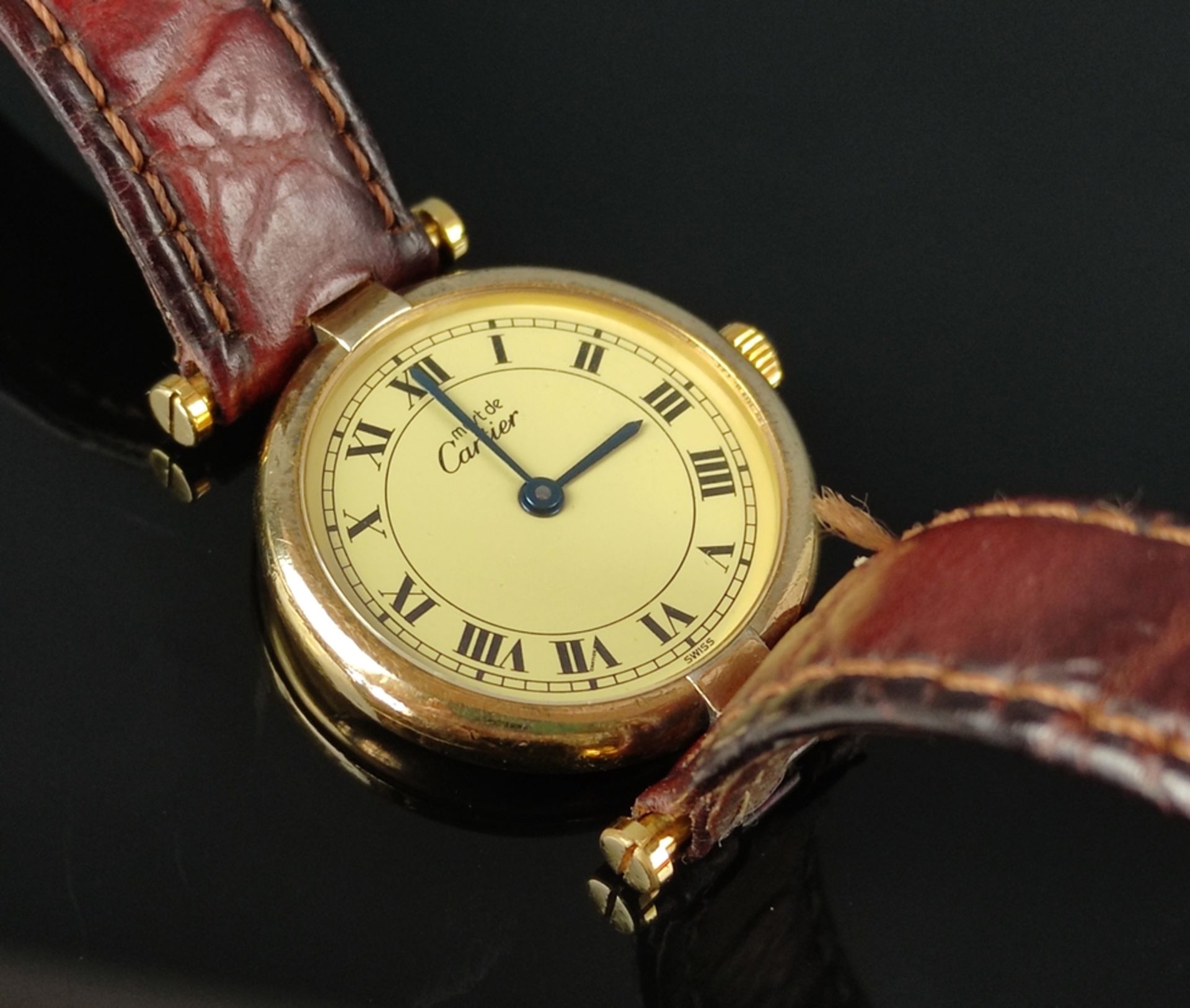 Damenarmbanduhr, Cartier, Modell Vermeil, Paris, Sterlingsilber-Gehäuse, vergoldet, gestempelt und  - Bild 3 aus 5