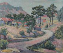 Stallin, E. (20. Jahrhundert) "Landschaftsausblick", mit Straße, Häusern, im Hintergrund Berge, pas