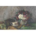 Neppel, Karl (1883 - 1935) "Stillleben", mit Blumenstrauß in runder Glasvase, Porzellantasse, Traub