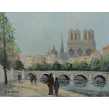 Maler des 20. Jahrhunderts, "Notre Dame" in Paris, Ansicht mit Seineufer und Personenstaffage, Öl a