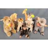 Steiff-Konvolut, 7 "exotische Tiere", bestehend aus Kango, Kangoo, Coco, Lea, Giraffe mit Kordelsch