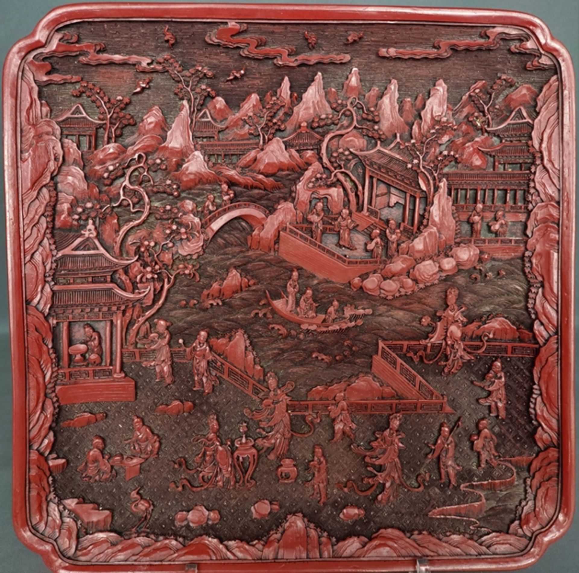 Tray richly carved with figural scenes, museum copy, archaic Qianlong mark, 32x32cm