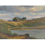 Maler des 20. Jahrhunderts, "Landschaftsausblick", mit Gewässer und Kapelle im Hintergrund, links u