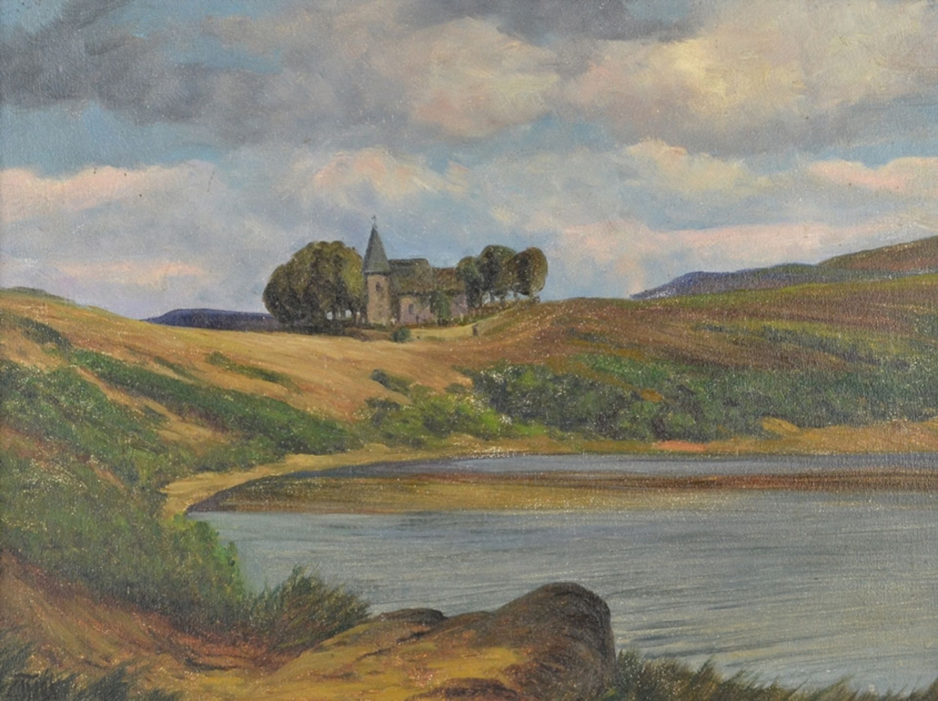 Maler des 20. Jahrhunderts, "Landschaftsausblick", mit Gewässer und Kapelle im Hintergrund, links u