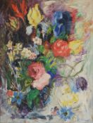 Schneider, R. (20. Jahrhundert) "Blumenbouquet", mit Rosen, Tulpen und weiteren Blumen, pastoser Fa
