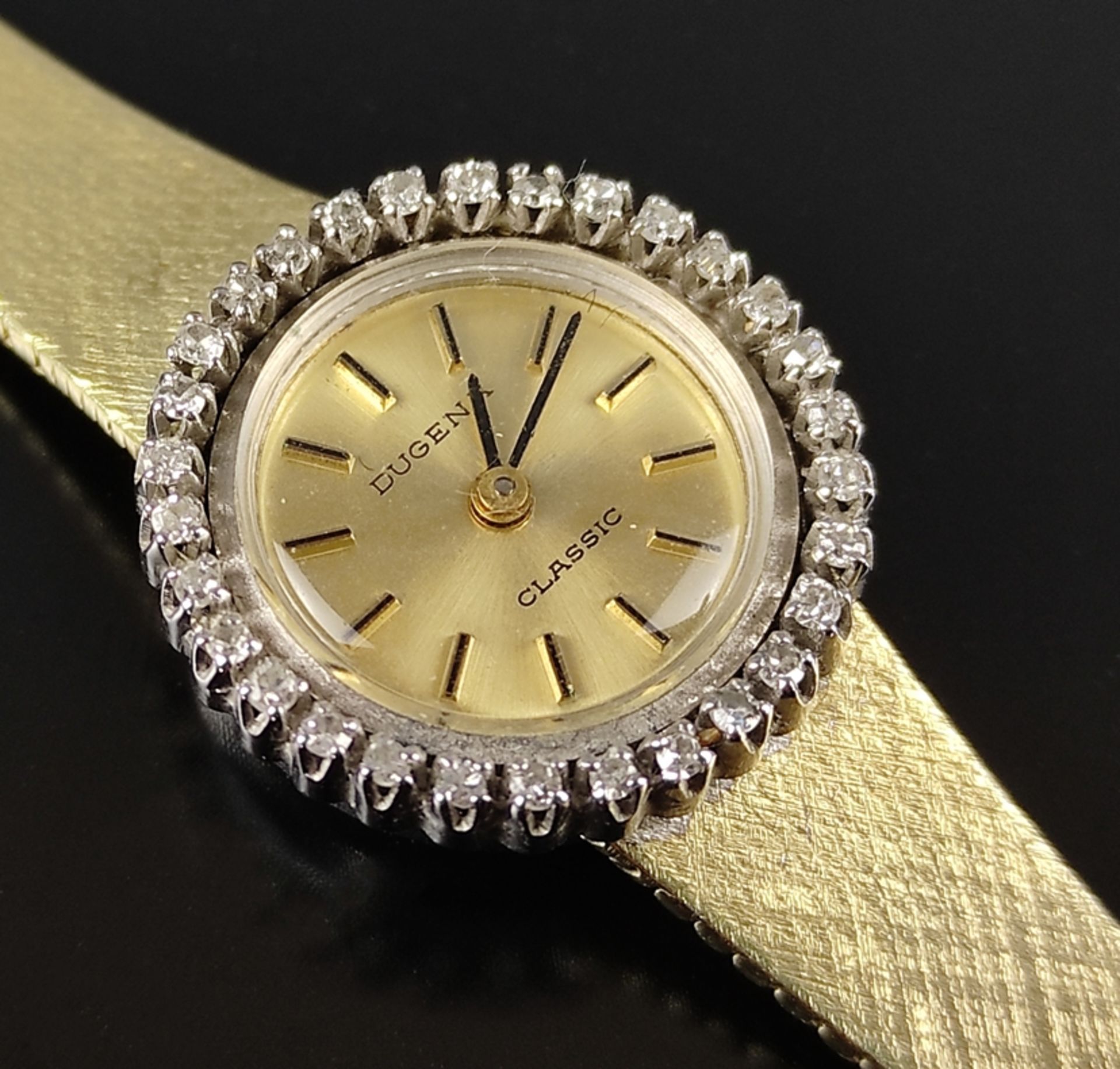 Damenarmbanduhr, Dugena Classic, Uhr gepunzt 585/14K Gelbgold, runde Lunette besetzt mit 30 kleinen - Bild 2 aus 4