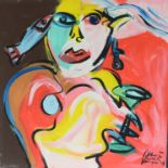 Keil, Peter Robert (1942 Sulechow/Züllichau) "Auf Männerfang", Dame mit Glas in der Hand, Öl auf Le