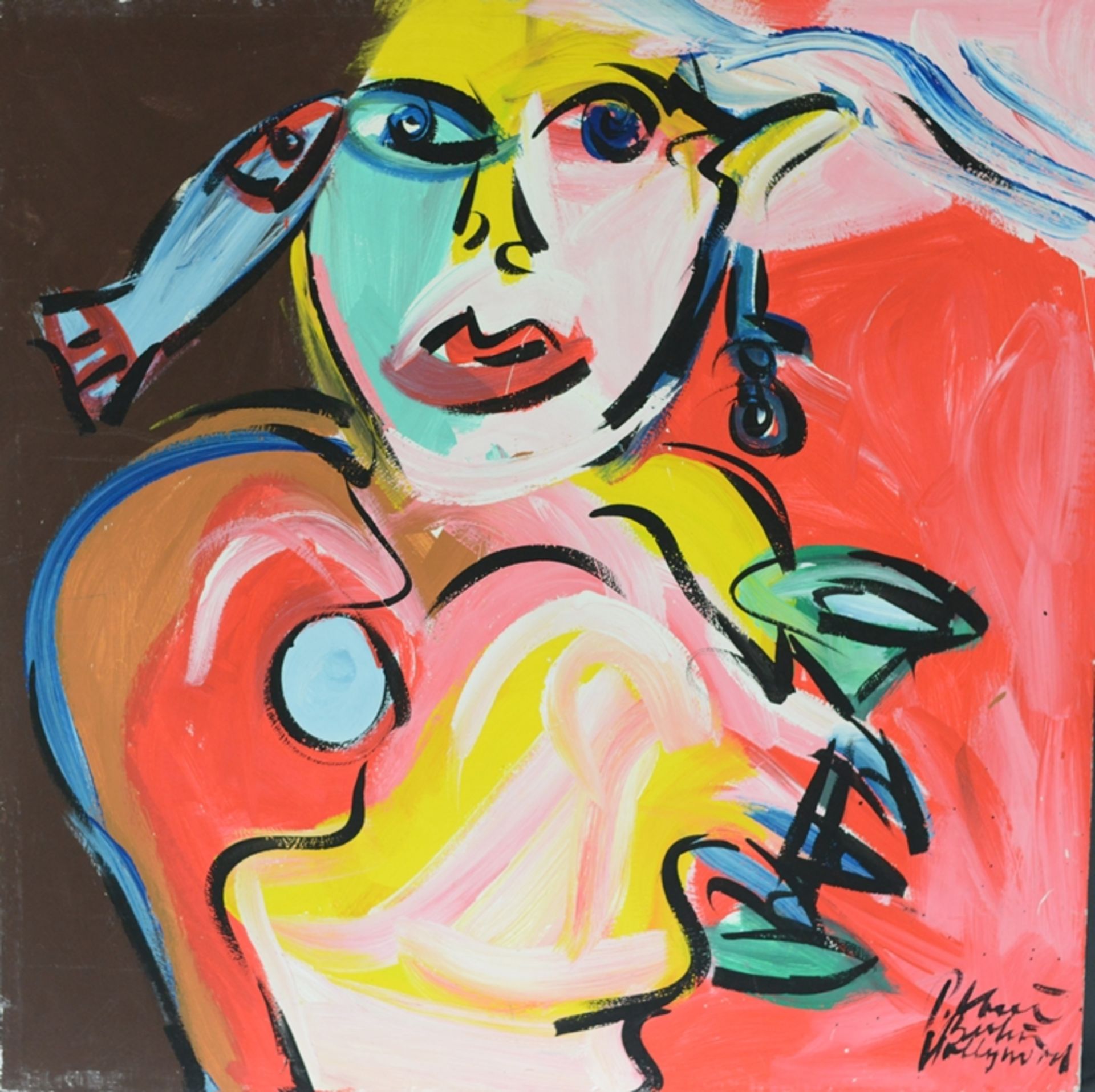 Keil, Peter Robert (1942 Sulechow/Züllichau) "Auf Männerfang", lady with glass in her hand, oil on 