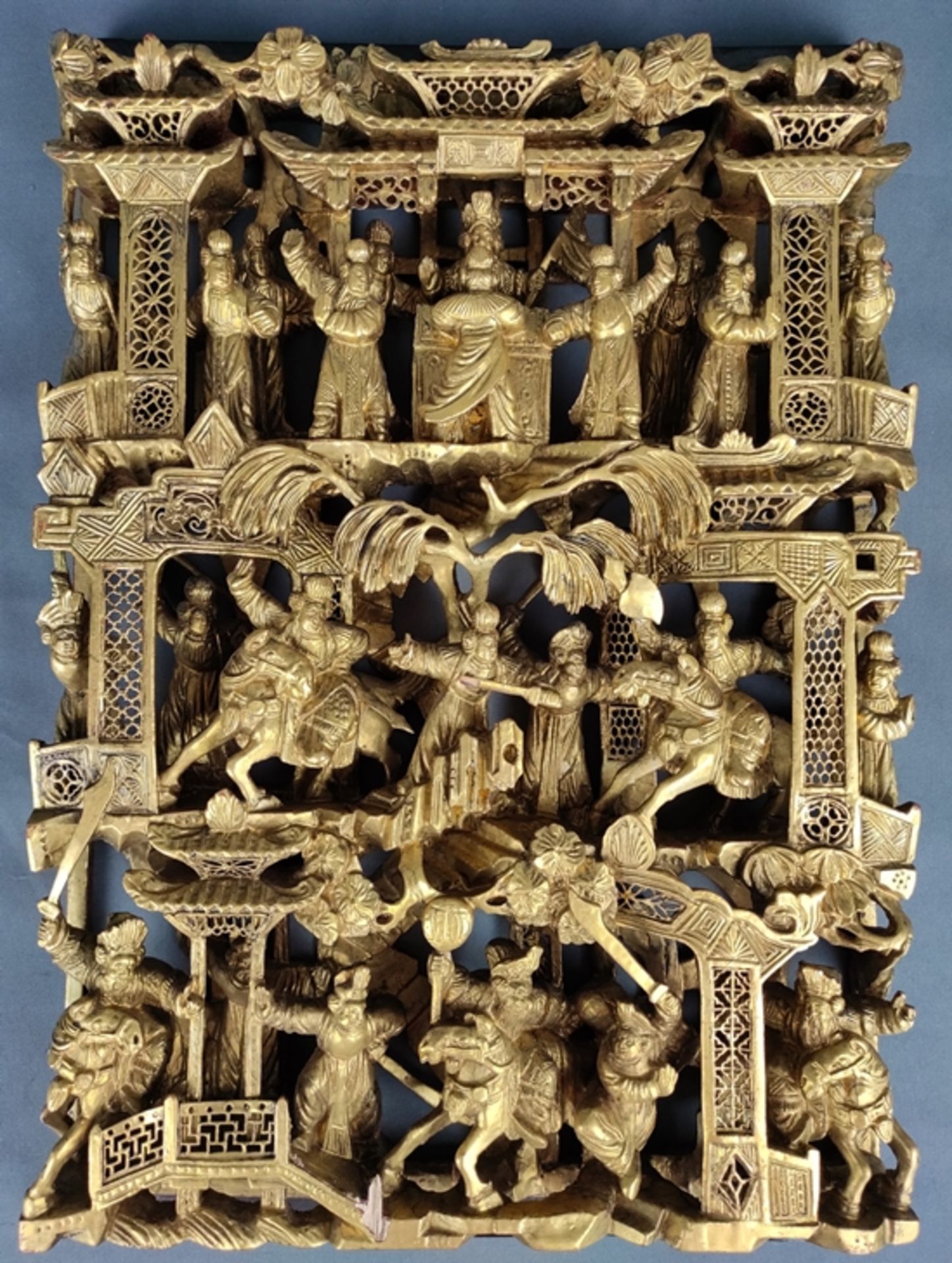 Chinese wall panel, elaborate carving with battle scenes, wood gold plated, mid 20th century, 44x30