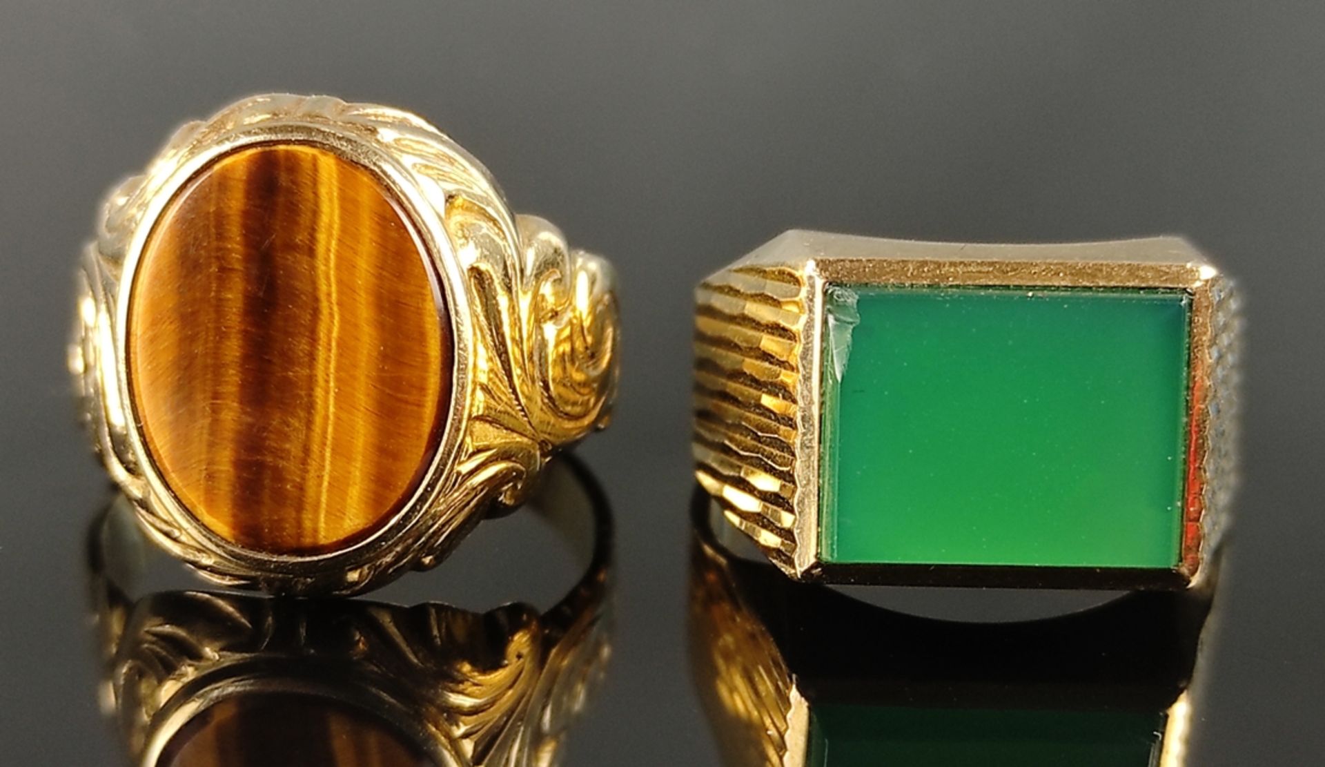 Zwei Herren-Ringe, einer mit rechteckigem grünen Schmuckstein (Größe 60), der zweite mit rundem Tig - Bild 2 aus 10
