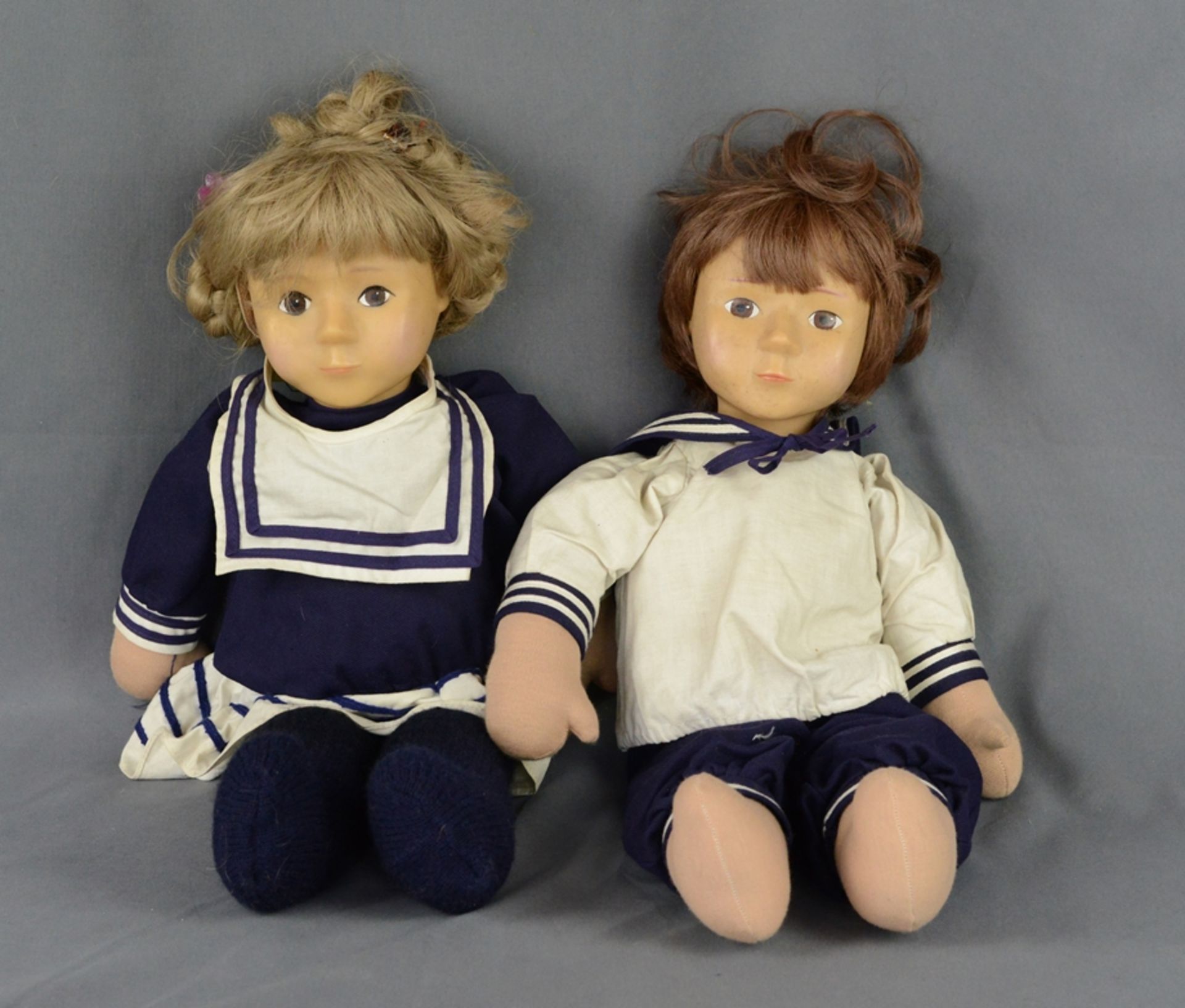 Two dolls, Creation Marie Luic, boy and girl dressed as sailors, head made of plastic, body made of