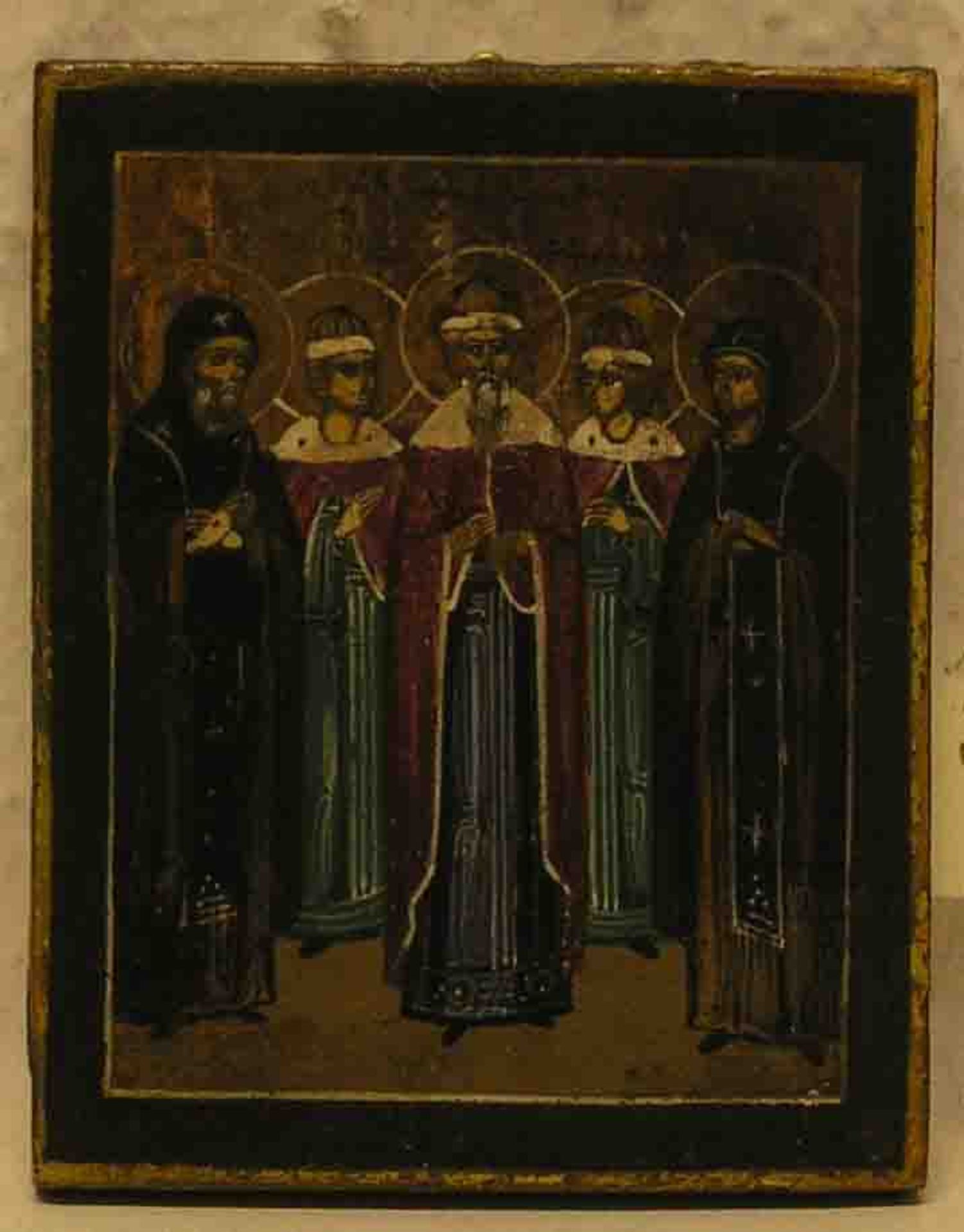 Reiseikone "Drei Heilige, flankiert von Mönch und Nonne". Russland, 19. Jh., Tempera/Holz.9 x 6,
