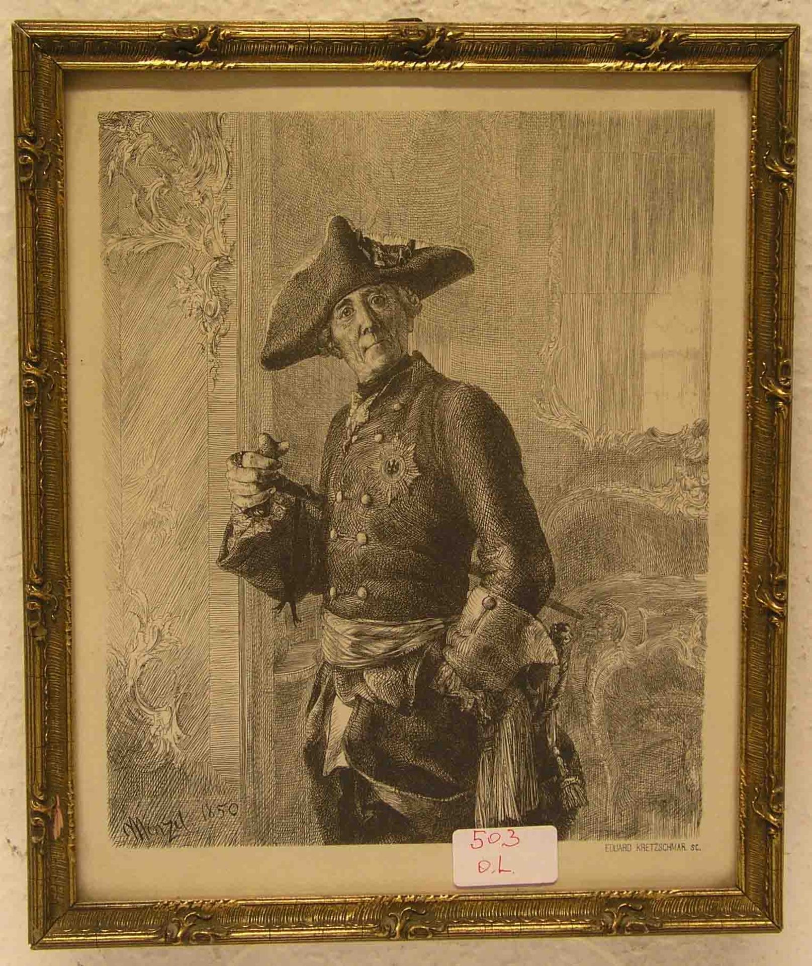 "Der alte Fritz (Friedrich II.)". Federlithographie nach Menzel, 26 x 21cm, Rahmen mitGlas.