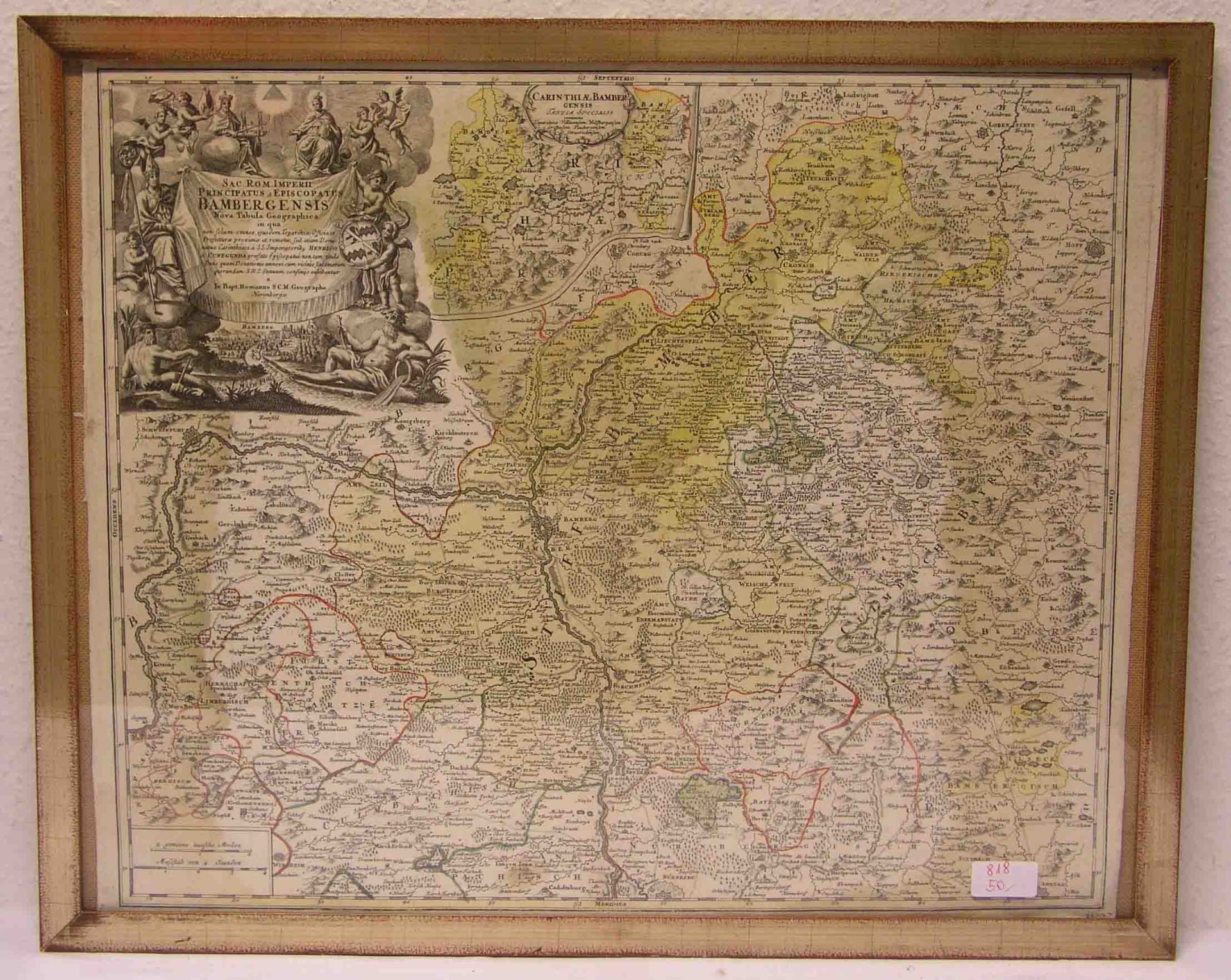 Bamberg - Homannkarte. Kupferstich, 18. Jh. Links oben mit Kartusche, 48 x 56cm. Rahmenmit Glas.