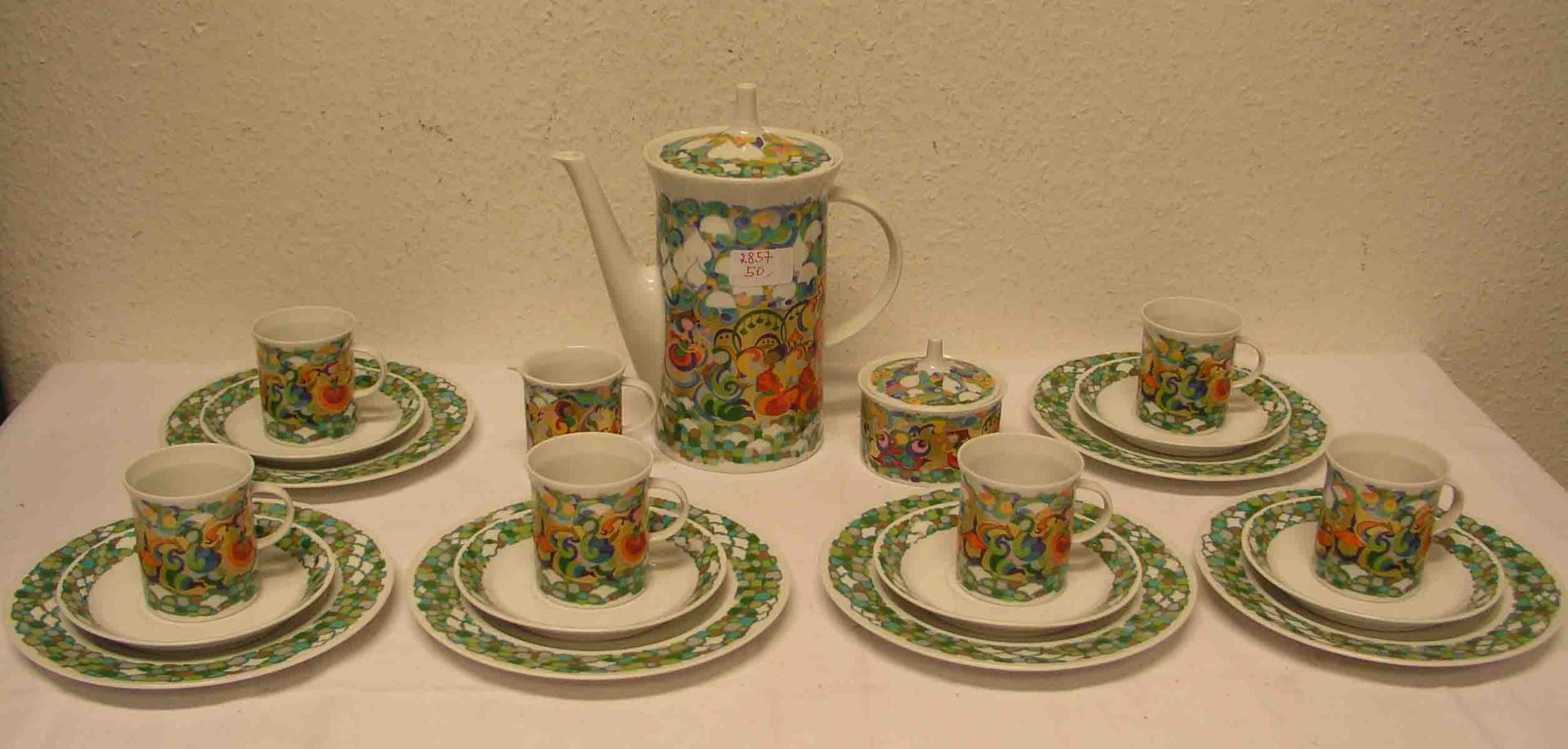 Kaffeeservice für sechs Personen. Rosenthal-Porzellan, Dekor "Petruschka" von BjörnWiinblad.