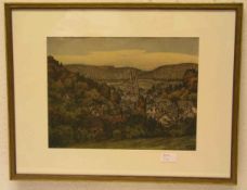 "Marburg". Farblithografie nach einer Zeichnung von Friedrich Fennel (1882 - 1926), 27 x35cm. Rahmen