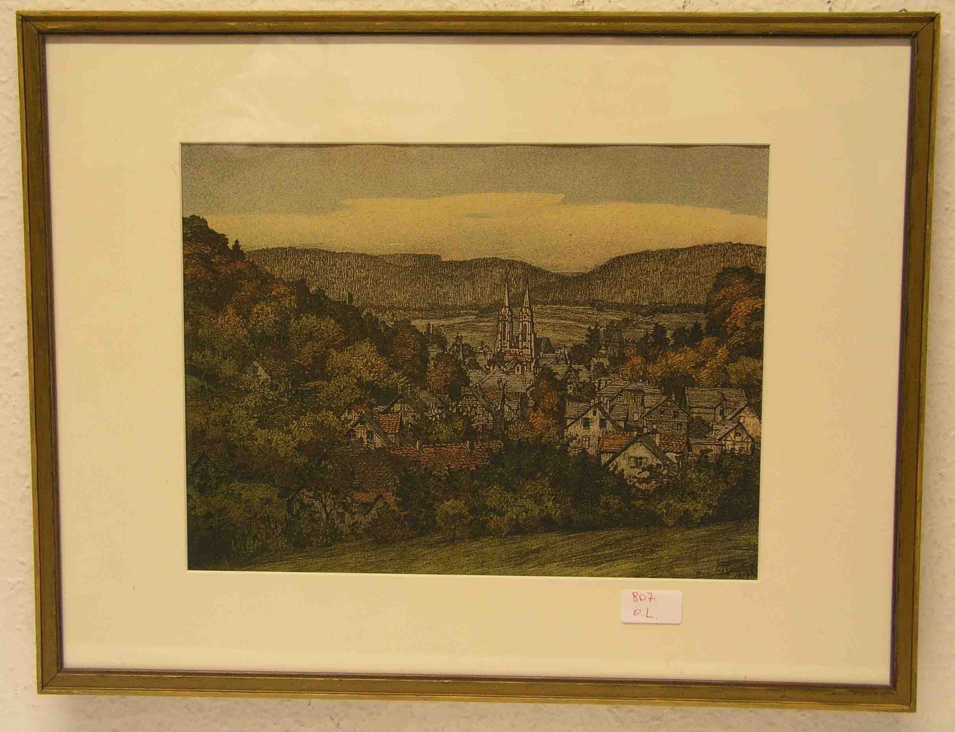 "Marburg". Farblithografie nach einer Zeichnung von Friedrich Fennel (1882 - 1926), 27 x35cm. Rahmen