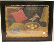 Unbekannt, um 1930: "Stillleben mit Puppe, Obstkorb und Pfeife". Pastell, 48 x 63cm,Rahmen mit