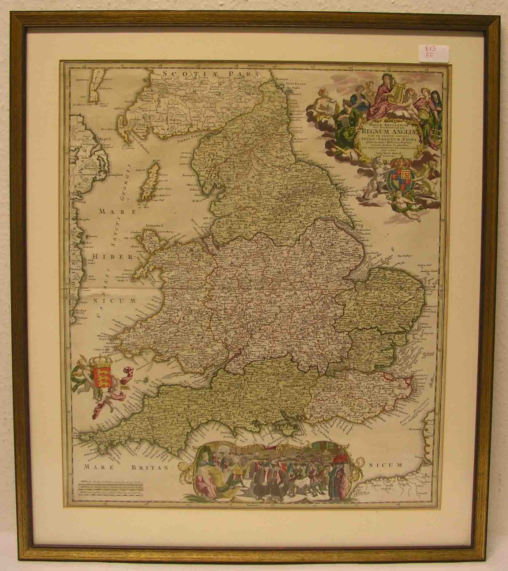 "Regnum Angliae". Anglo-Saxonum Regna. Kolorierte Kupferstichkarte, Homann, 18. Jh., 56 x46cm,