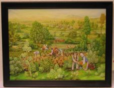 "Bauern bei der Arbeit". Jugoslawische, naive Malerei, Öl/Lwd., unleserlich signiert, 43 x57cm.