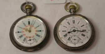 Zwei Taschenuhren um 1890. Silbergehäuse, Emailzifferblatt mit römischen Zahlen,Durchmesser: 4,