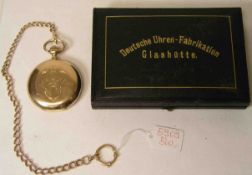 Taschenuhr "Lange & Söhne" Glashütte. Drei Deckel, 14 Kt. Gold, Nr. 57448.Emailzifferblatt mit